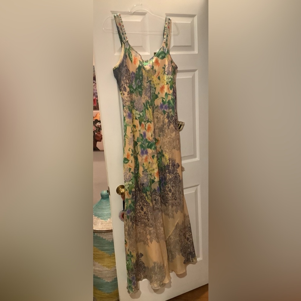 Johnny Was Cream, Peach and Purple Floral Print Maxi Dress, Size XL, Vintage.